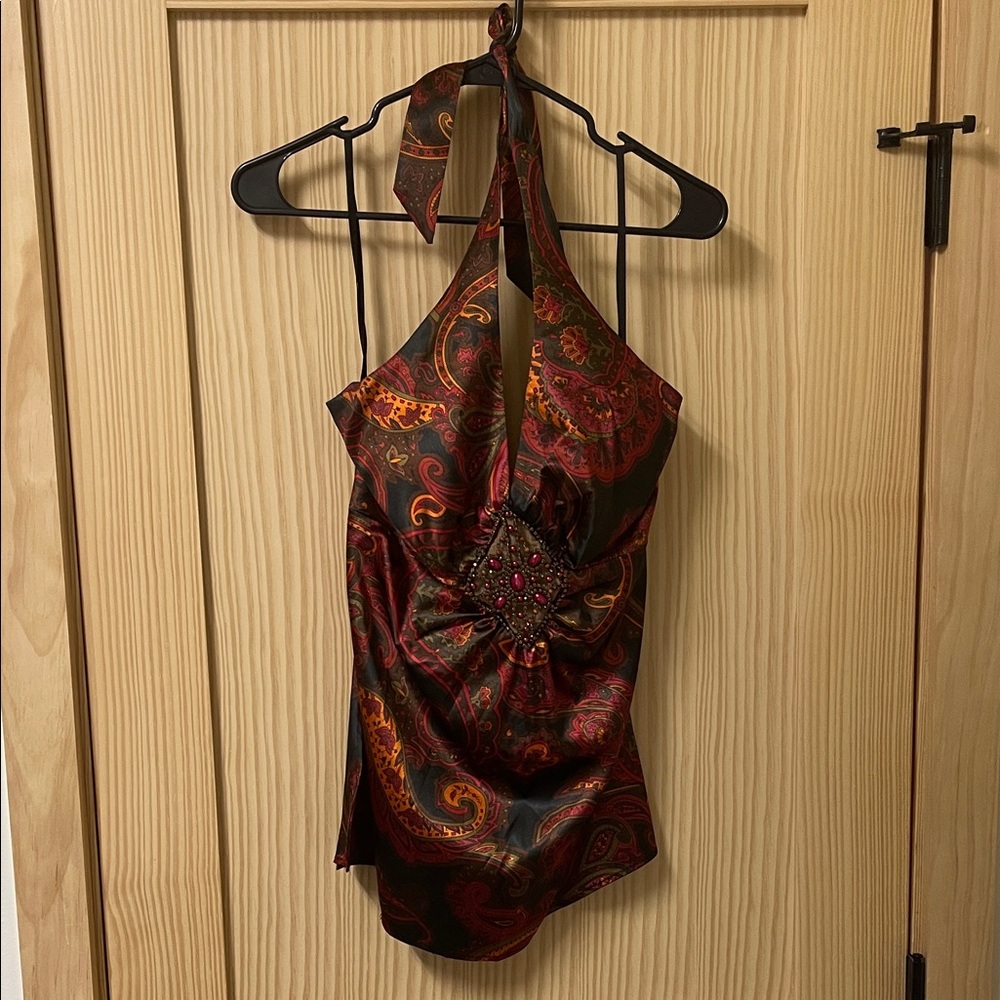 Cache Paisley Halter Top with Beaded Detail